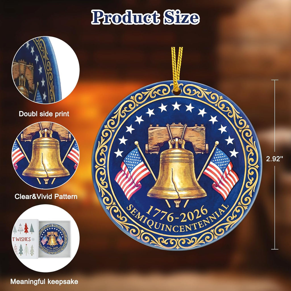 WhatSign 250th Anniversary USA Ornament - 1776-2026 Semiquincentennial Liberty Bell Ceramic Keepsake Vintage Gold Medallion Design Patriotic American History Souvenir Decor Gift for Collectors