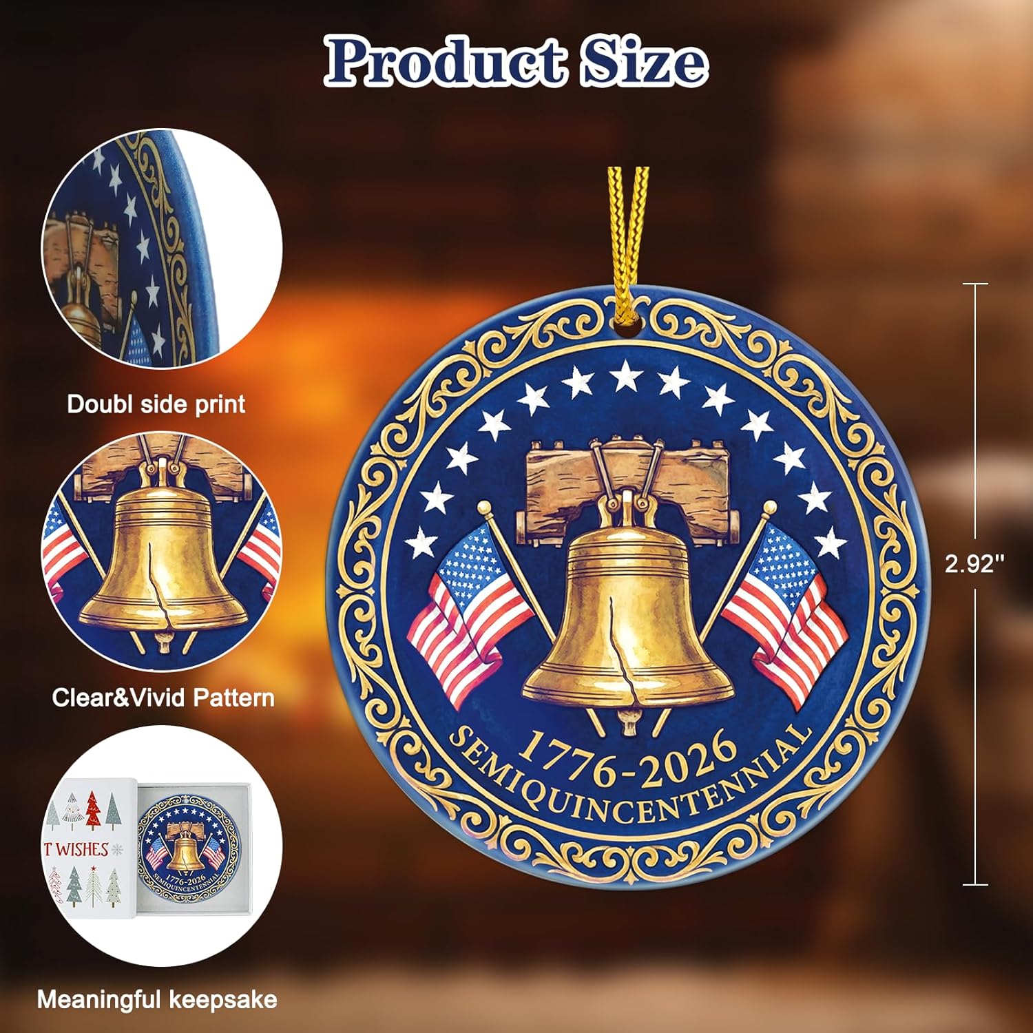 WhatSign 250th Anniversary USA Ornament - 1776-2026 Semiquincentennial Liberty Bell Ceramic Keepsake Vintage Gold Medallion Design Patriotic American History Souvenir Decor Gift for Collectors