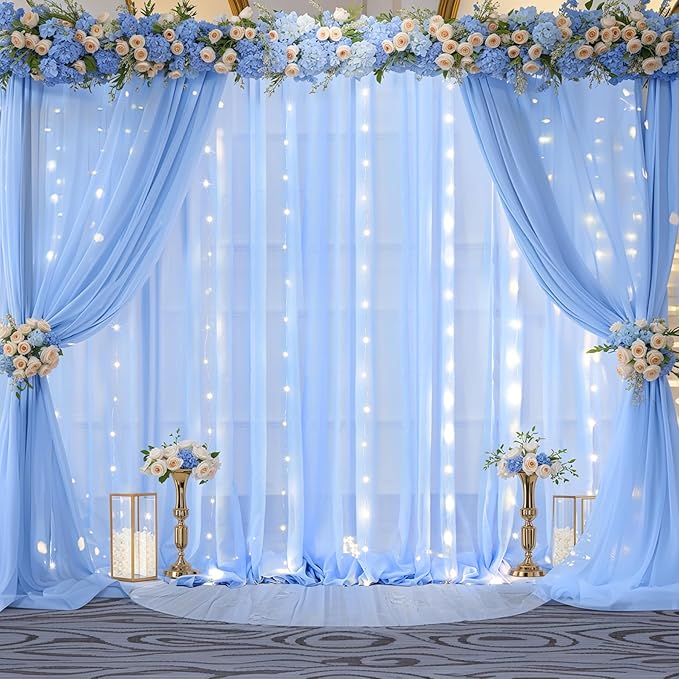10x10ft Light Blue Chiffon Backdrop Curtain with Lights for Baby Shower Birthday Party, Sky Blue Curtain Backdrop with Lights for Wedding Parties Photo Shoot (5 x 10ft,2 Panels)