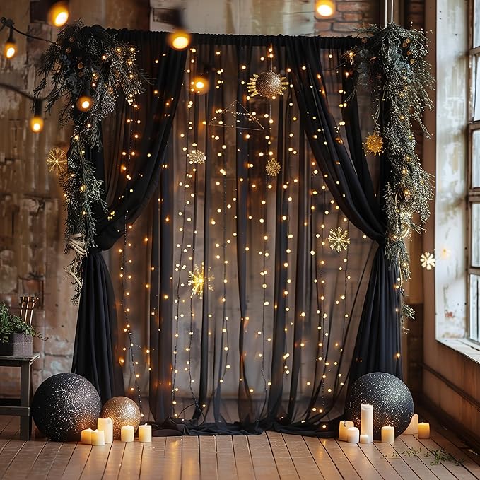 Fomcet Black Tulle Backdrop Curtains with Lights String 10FT X 8FT Sheer Curtain with Lights Tulle Curtains Backdrop for Wedding Birthday Party Baby Shower Photo Shoot (2 Panels 5x8FT)