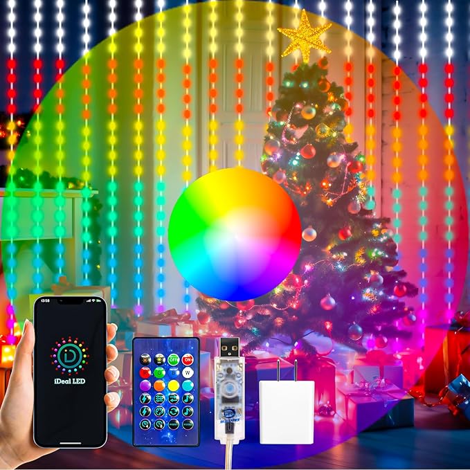 HXWEIYE 300LED Fairy Curtain Lights, 9.8x9.8Ft USB Plug-in 8 Modes Christmas String Hanging Lights with Remote for Bedroom Backdrop Wedding Party Indoor Wall Decor, RGB Custom Color Changing