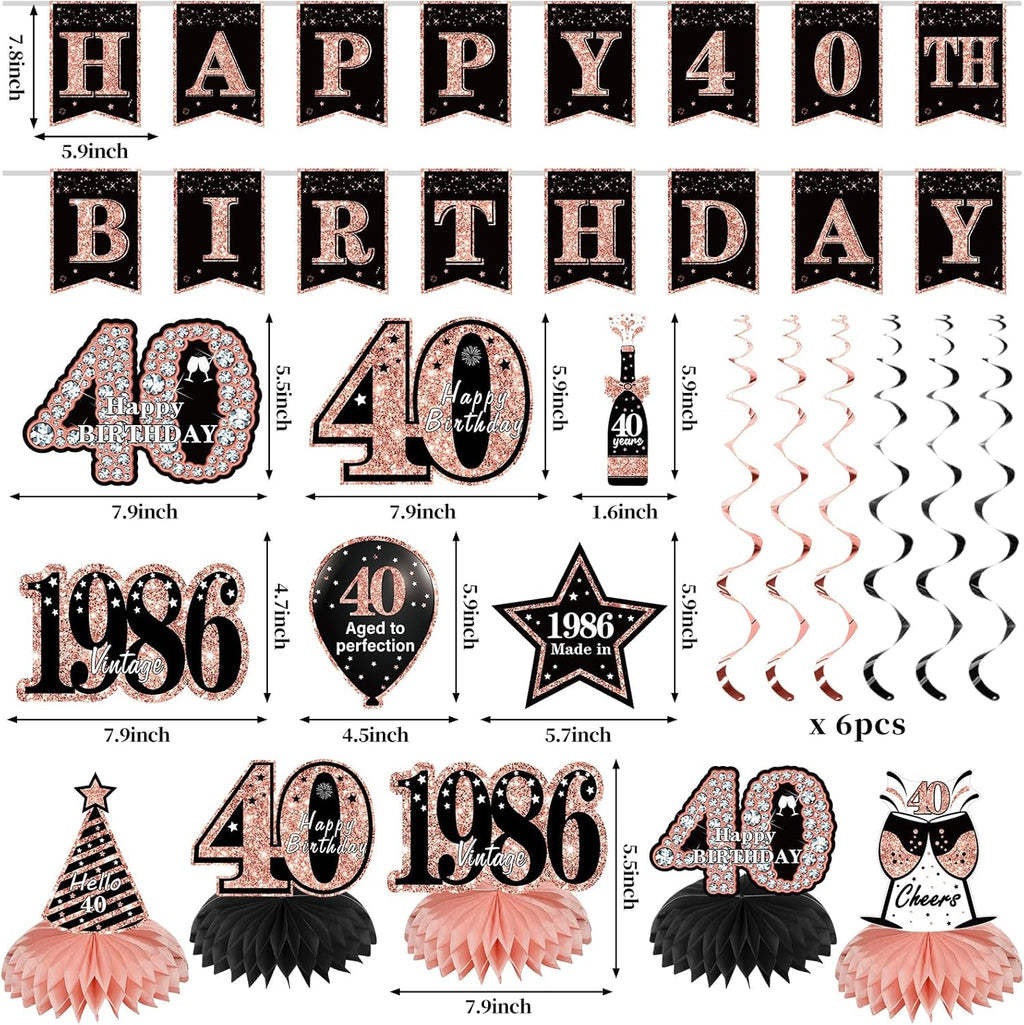 Zirtorei 40th Birthday Decorations for Women, 21pcs the Year 1986 Banner Balloon Party Supplies, Rose Gold 40 Year Old Birthday Backdrop, 40 Bday Honeycomb Centerpiece Hanging Swirls Sash Gifts