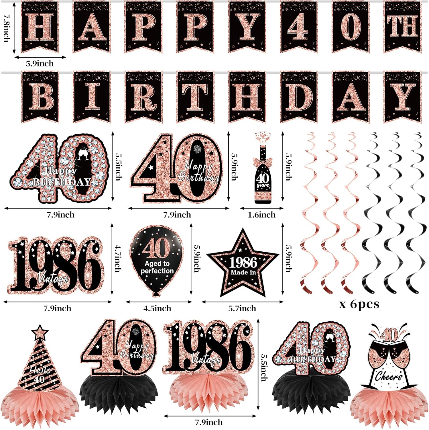 Zirtorei 40th Birthday Decorations for Women, 21pcs the Year 1986 Banner Balloon Party Supplies, Rose Gold 40 Year Old Birthday Backdrop, 40 Bday Honeycomb Centerpiece Hanging Swirls Sash Gifts
