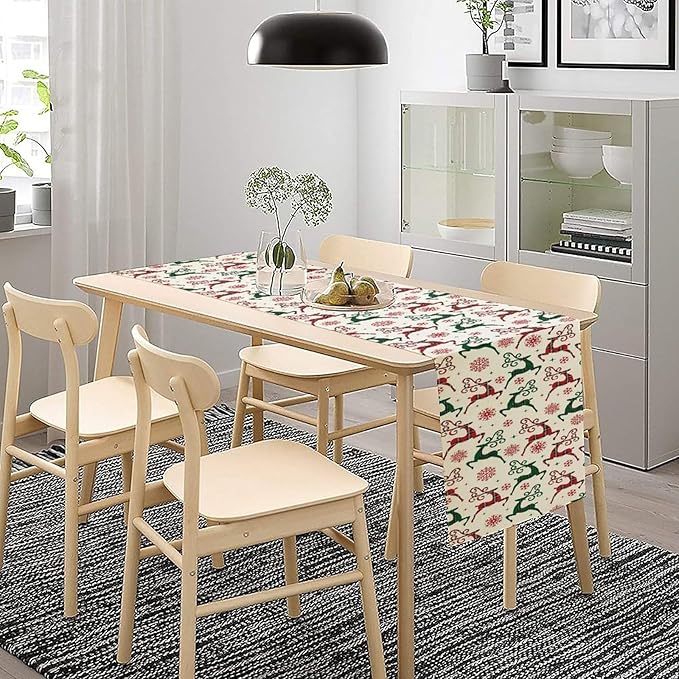 Christmas Table Runner,Christmas Plaid Deer Print Farmhouse Table Cloth Kitchen Dining Table Decoration for Home Party Decor 13x70 Inch