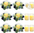 6 Sets Rose Rings Wreaths with LED Candles - Artificial Roses Eucalyptus Wreath Wedding Centerpiece for Wedding Bridal Shower Banquet Table Decor - Navy Blue