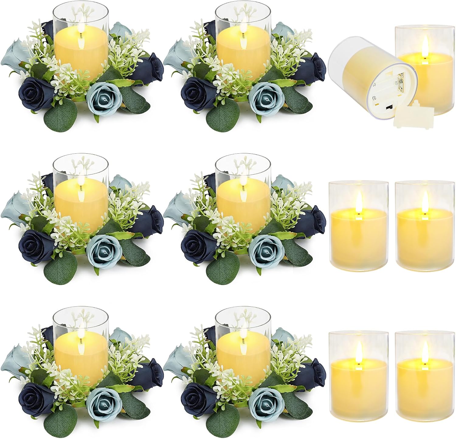 6 Sets Rose Rings Wreaths with LED Candles - Artificial Roses Eucalyptus Wreath Wedding Centerpiece for Wedding Bridal Shower Banquet Table Decor - Navy Blue