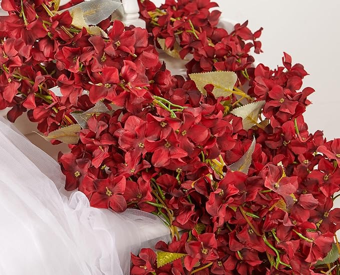 Flower Garland, Artificial Hydrangea Vine Flowers, Hanging Fake Hydrangeas Vine for Room Anniversary Wedding Birthday Christmas Wall Arch Decor, 2 Pcs, Floral Garland, Red Flower