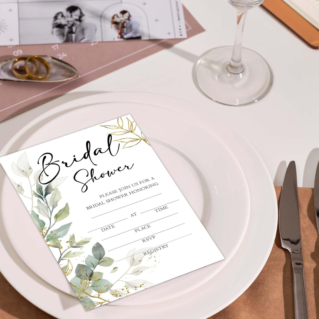 Bridal Shower Invitations, 25 Eucalyptus Invites with Envelopes for Bridal Shower Reception Engagement Party, Greenery Wedding Party Cards - A03