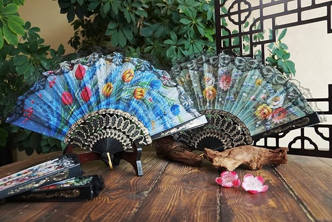 HUNANBANG 4 Pieces Folding Hand Fans Church Wedding Gift, Party Favors, DIY Decoration Gift Size9 Wholesale 4pack (Spanish 4pack)