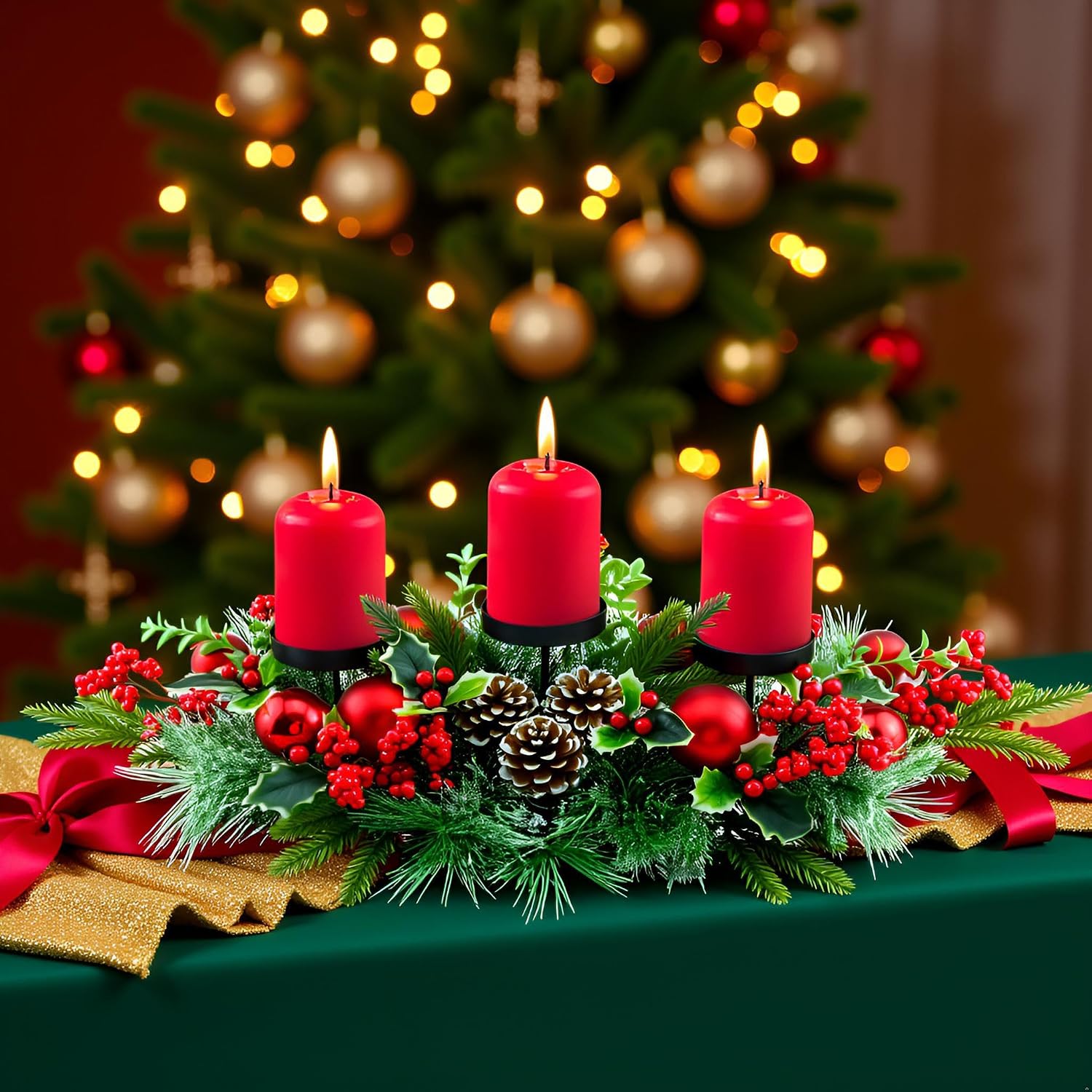 YULETIME 28" Christmas Triple Candelabrum, Red Baubles, Berries, Pine Cones | Three Trays Holder, Tray diameter 3.15-in, Candles Not Included, Holiday Centerpiece, Red Theme