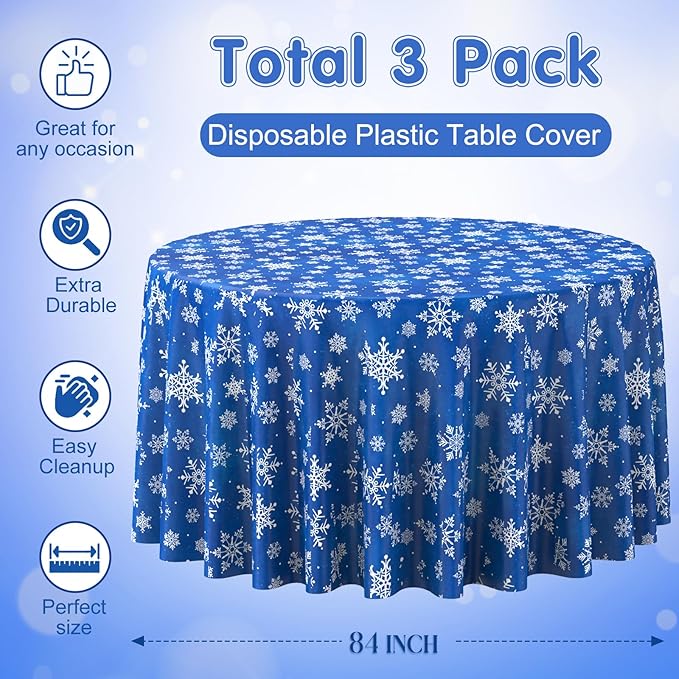 Jectivs 3 Pieces Christmas Snowflake Plastic Party Tablecloth Decorations,Disposable White Snowflake Blue Xmas Round Table Cover Backdrop for Winter Christmas Holiday Party Supplies,84 inch (Blue)