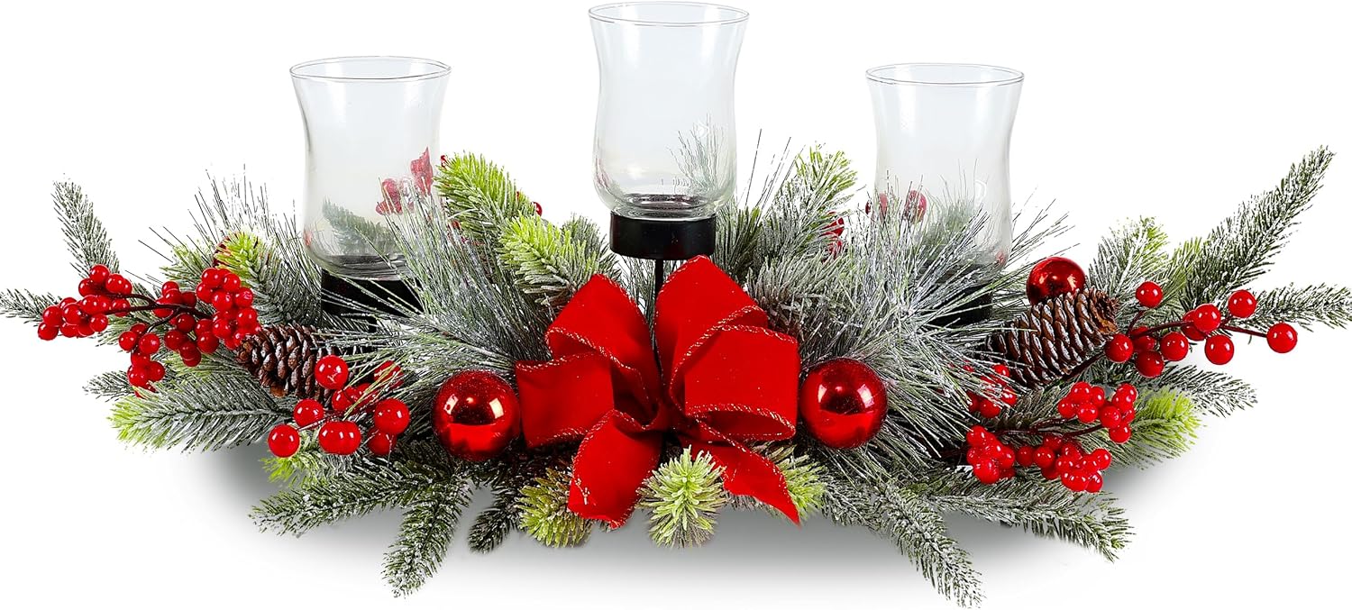 Red Christmas Table Centerpiece,Christmas Decoration Cedar with 3 Candlestick Glass Cup, Red Berry, Balls for Holiday Party, Home, Fireplace