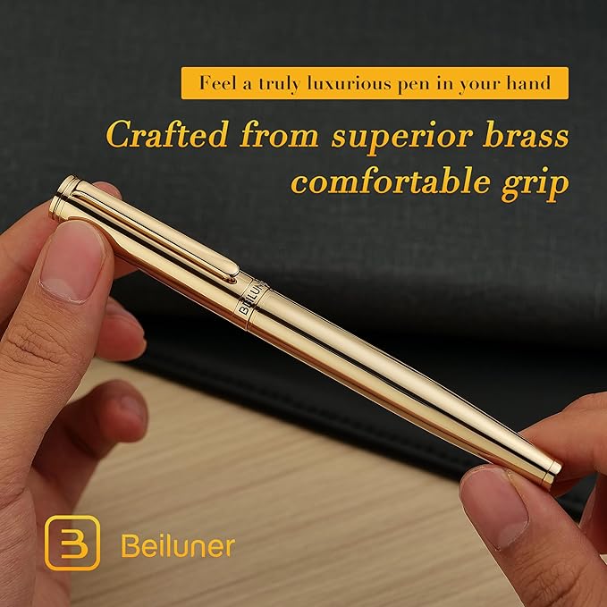 BEILUNER Gold Fountain Pen,Stunning Luxury Pens with 24K Gold Finish, Gorgeous 24K Gilded Nib(Fine), Trustworthy Pen Gift for Men&Women -Ink Converter-Elegant, Professional, Nice Pen for Writing