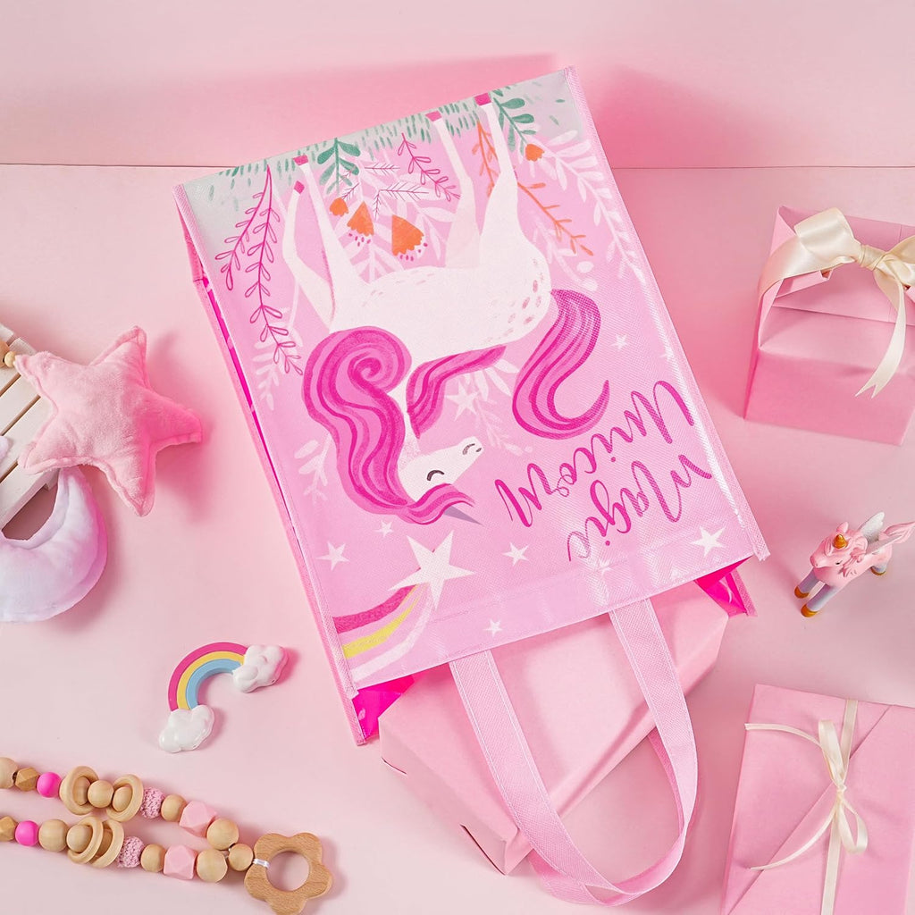 Loveinside Unicorn Reusable Gift Bag, Pink Magic Unicorn and Stars Design Medium Recycled Pink Gift Bag for Girls, Kids, Birthday, Baby Shower, Party Favor, 10" x 5" x 13", 1 Pcs