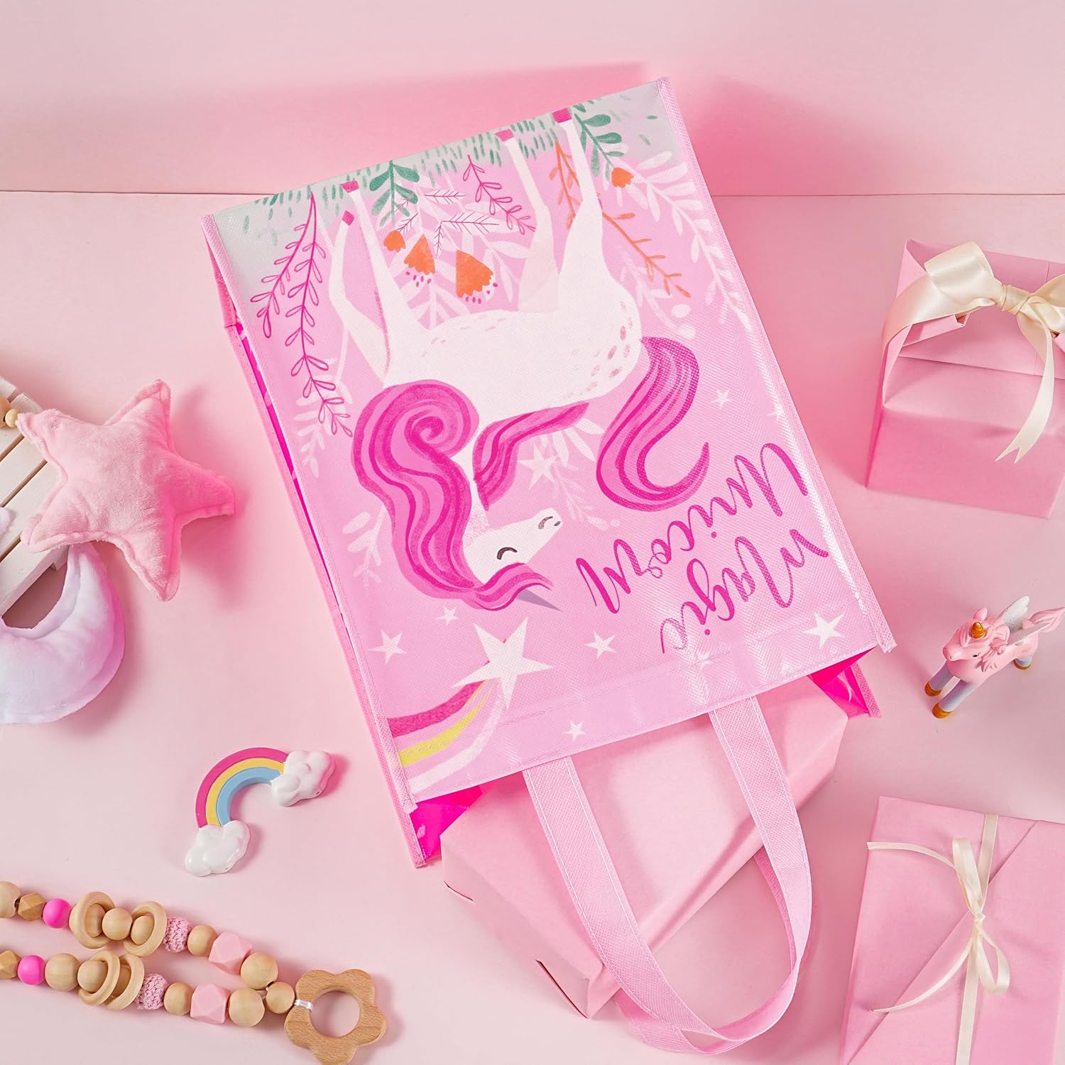 Loveinside Unicorn Reusable Gift Bag, Pink Magic Unicorn and Stars Design Medium Recycled Pink Gift Bag for Girls, Kids, Birthday, Baby Shower, Party Favor, 10" x 5" x 13", 1 Pcs