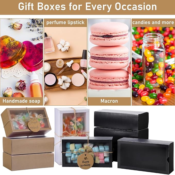 Roowest 50 Sets Kraft Soap Boxes Rectangle Packaging Box with Window Homemade Gift Box with Blank Tags and Jute String for Jewelry Candy Wrapping Party Favor(6.3 x 3.5 x 2 Inch,3 Colors)