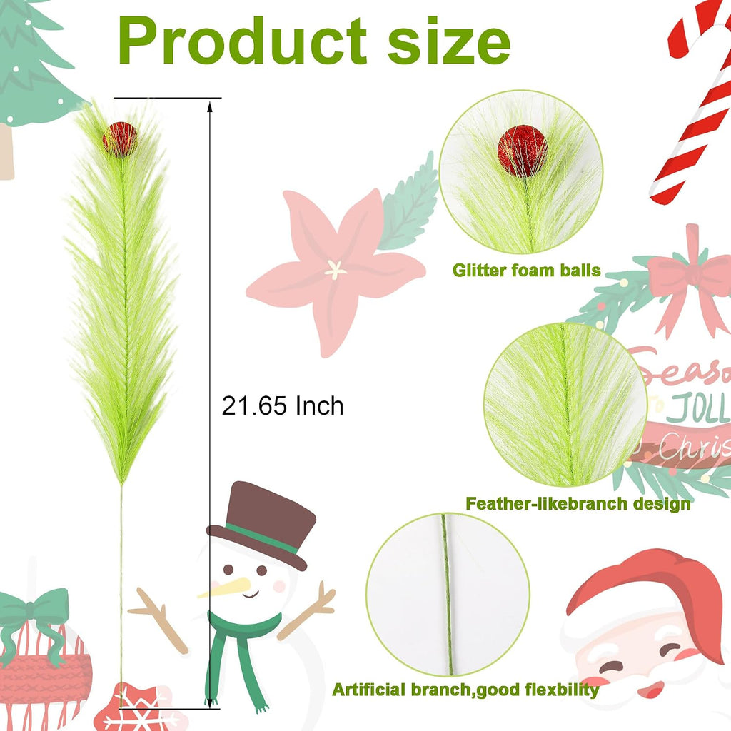 20Pcs 21.7'' Lime Green Christmas Tree Topper with Red Balls | Grinch Christmas Decorations, Artificial Pampas Grass Stems, For Wreath Craft Vase Fillers, Xmas Home Decoration Supplies