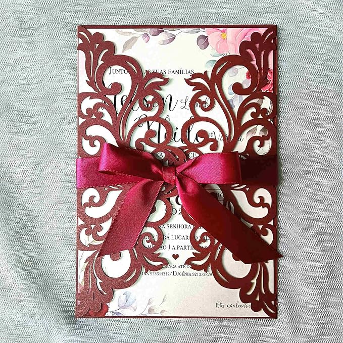 25PCS Laser Cut Burgundy Wedding Invitations Cards with Envelopes,Blank Inner Sheets,Ribbons for Wedding Bridal Shower Quinceañera Engagement Birthday Invites, (B001)