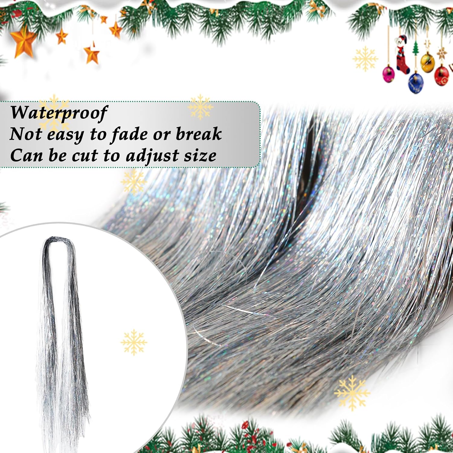 2000 Strands Glittering Silver Christmas Tinsel Icicles 19.7" Iridescent Hanging Foil Icicle for Xmas Tree Wedding Home and Party Decoration