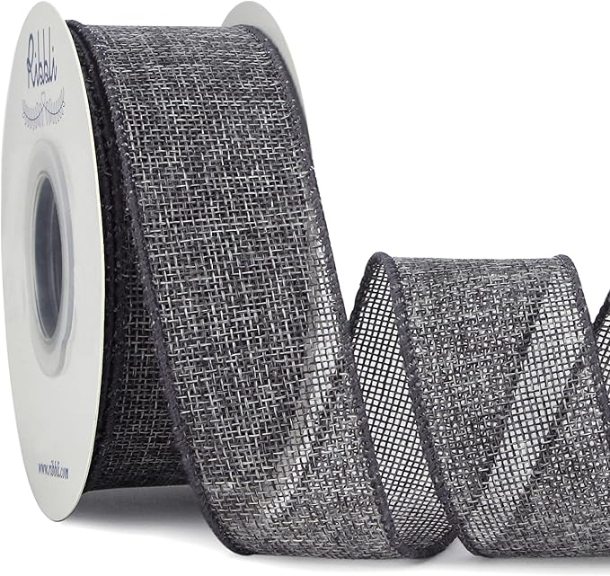Ribbli Grey Burlap Wired Ribbon,1-1/2 Inch x 10 Yard,Gray,Solid Wired Edge Ribbon for Big Bow,Wreath,Tree Decoration,Outdoor Decoration