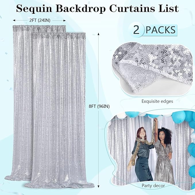 Silver Sequin Backdrop 2 Panels 2FTx8FT Christmas Party Backdrop Curtains Glitter Photo Background for Wedding Baby Shower Stage Decorations