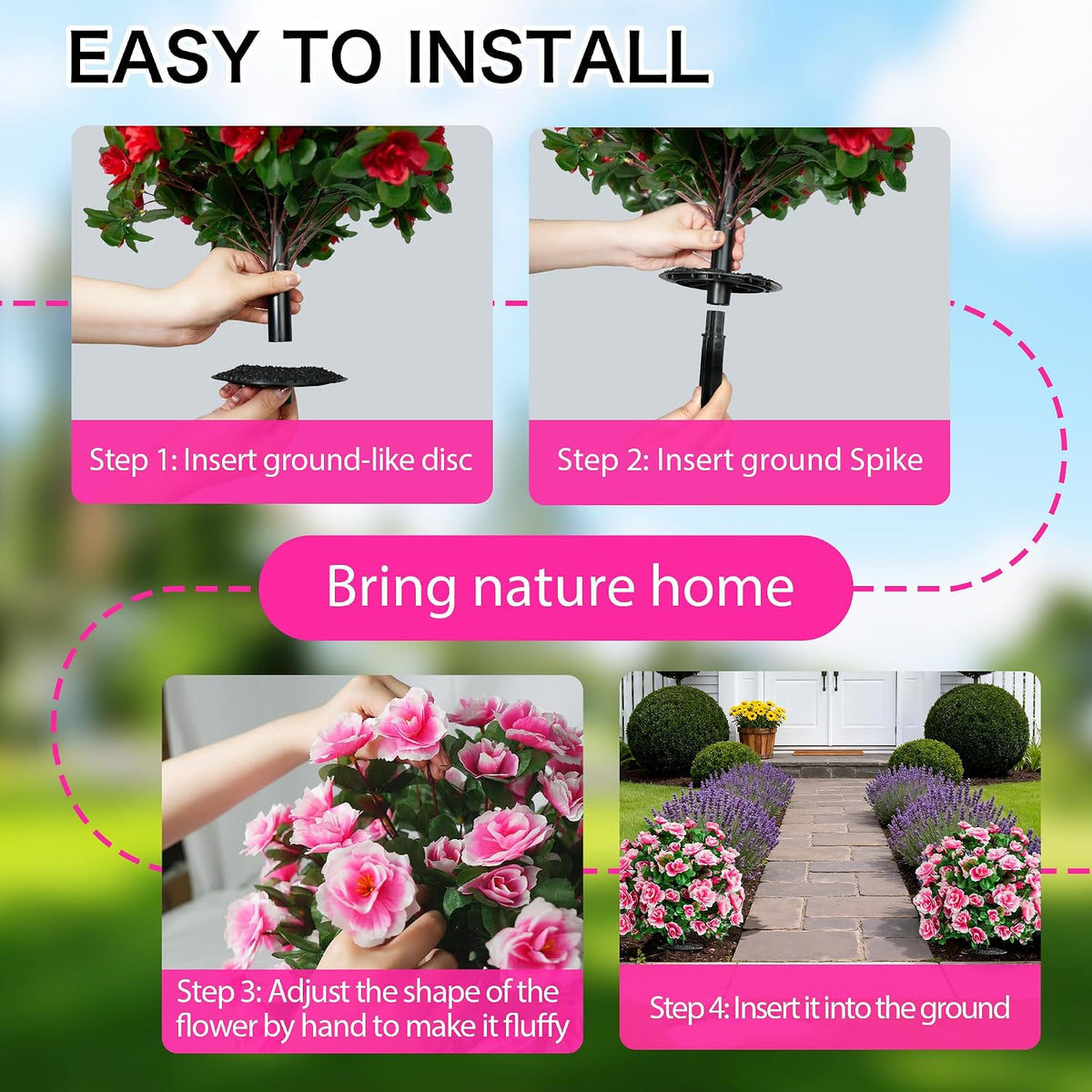 fake outdoor flowers, artificial plants with ground spike, side view