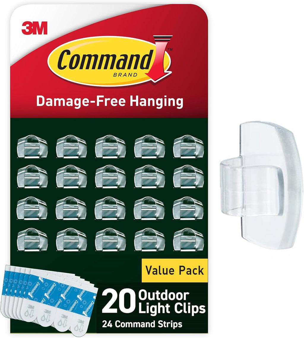 Command Damage Free Hanging Light Clips with Adhesive Strips, No Tools Mini Wall Hooks for Hanging Decorations in Living Spaces, 20 Clips, 24 Strips