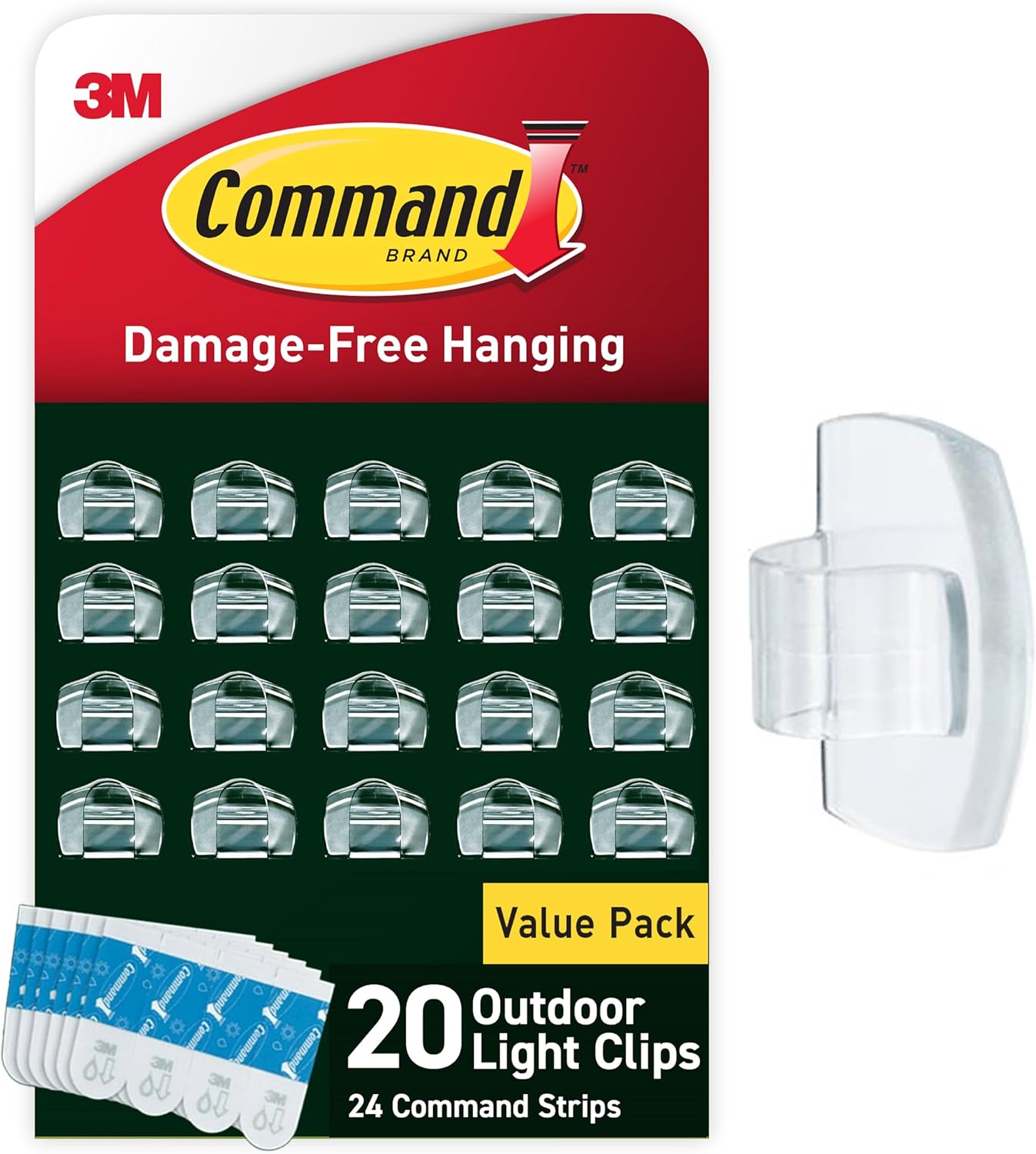 Command Damage Free Hanging Light Clips with Adhesive Strips, No Tools Mini Wall Hooks for Hanging Decorations in Living Spaces, 20 Clips, 24 Strips