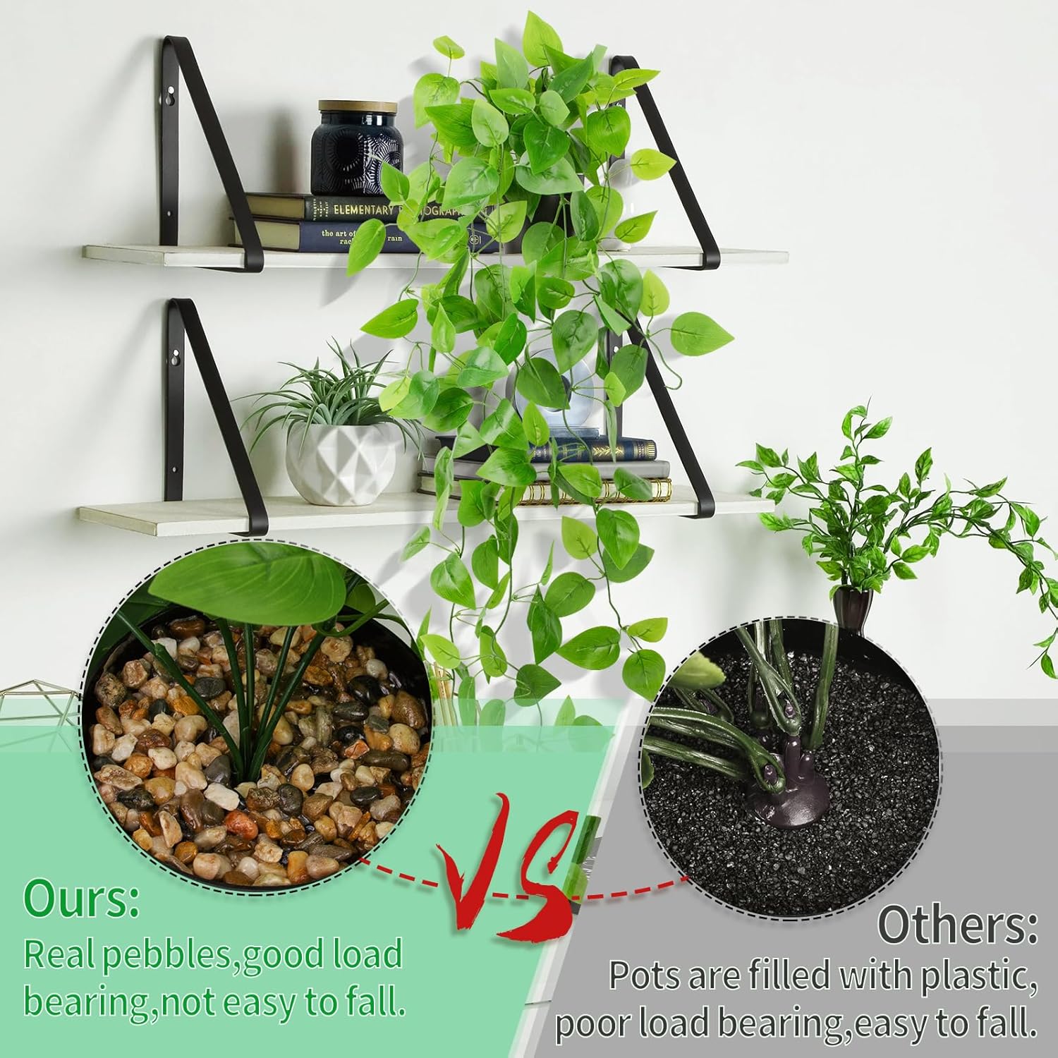 LOYWREE Small Fake Hanging Plant Artificial Potted Plants for Indoor Outdoor Aesthetic - 39in Realistic Faux Hanging Pothos with Ivy Vine for Shelf Decor in Home Office Gardens Greenery (Black Pot)