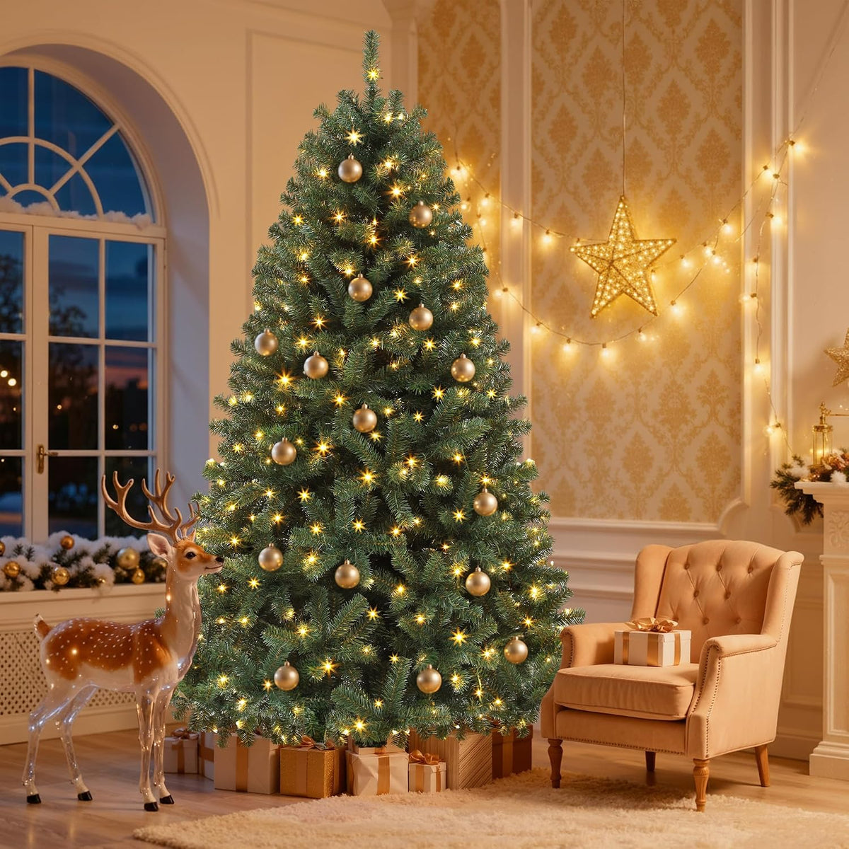 dwvo 6ft pre-lit artificial christmas tree green 1000, close-up detail