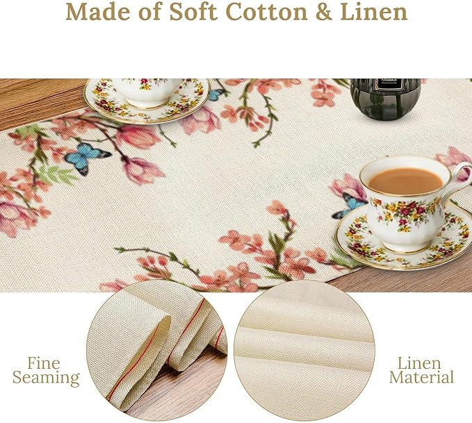 Spring Floral Bird Table Runner, Watercolor Pink Flower Plants Nature Butterfly Table Runner for Kitchen Dinner Living Room Home Party, 13x70 Inch