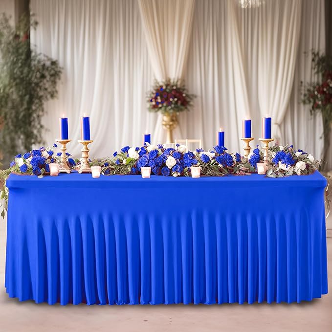 Wish Care 2 Pack Royal Blue Spandex Table Clothes for 4 Foot Rectangle Tables, 4FT Wrinkle Free Fitted Tablecloths Ruffles Design Table Cloth for Party, Banquet, Wedding and Events