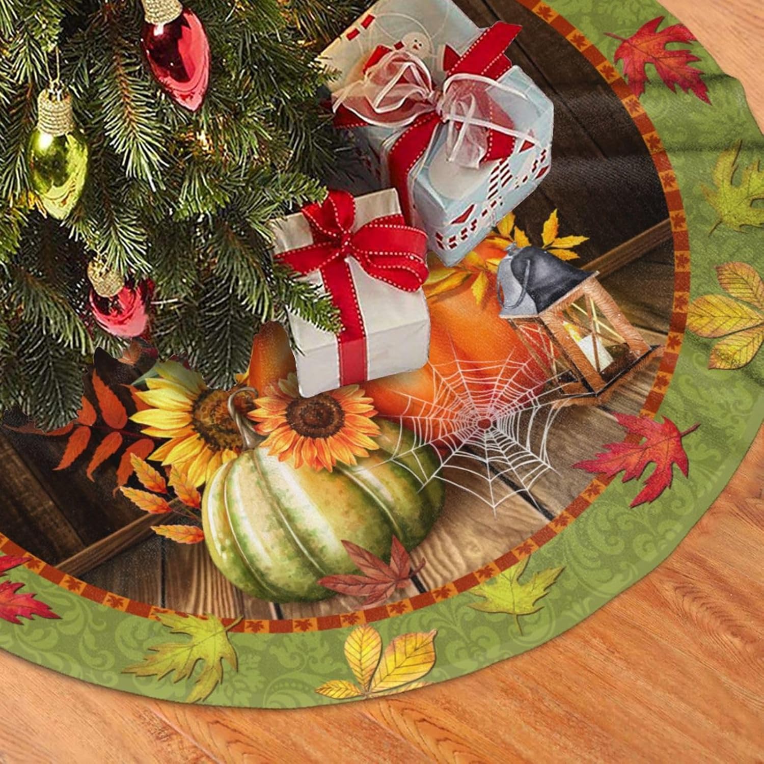 Fall Maple Leaf Christmas Tree Skirt Xmas Tree Mat Halloween Christmas Tree Ornaments Decorations Holiday Party Indoor Outdoor 30"
