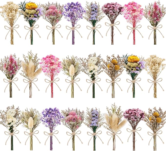 12/24 PCS Charming Dried Flowers Bouquet for Vase Various Dried Wildflowers with Stems Mini Handmade Wildflowers Natural Real Flowers Bulk Flowers Craft (Various Series, 24 PCS)