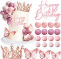 Balls Cake Toppers Happy Birthday Crown Tiara Cake Toppers for Birthday Wedding Baby Shower Party Decorations (Rose Gold Pink)