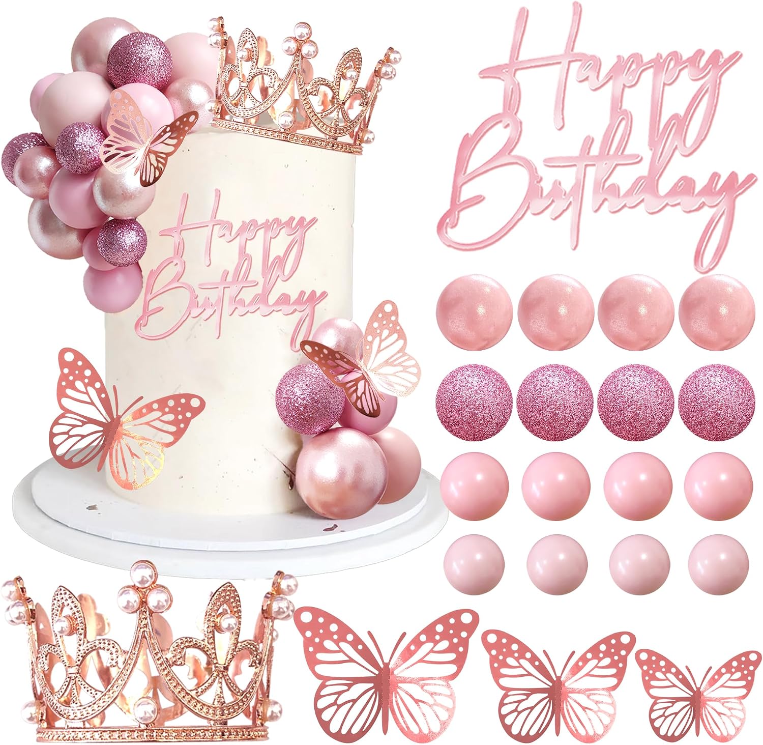 Balls Cake Toppers Happy Birthday Crown Tiara Cake Toppers for Birthday Wedding Baby Shower Party Decorations (Rose Gold Pink)