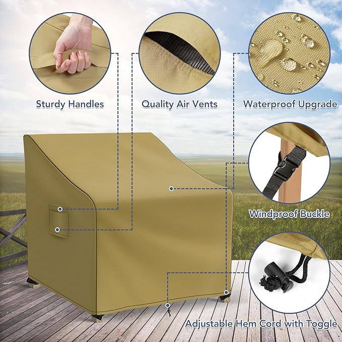 Patio Furniture Covers Waterproof for Chairs, Lawn Outdoor Chair Covers 2 Pack, Patio Chair Covers for Outdoor Furniture Fits up to 37W x 40D x 30H inches, Khaki