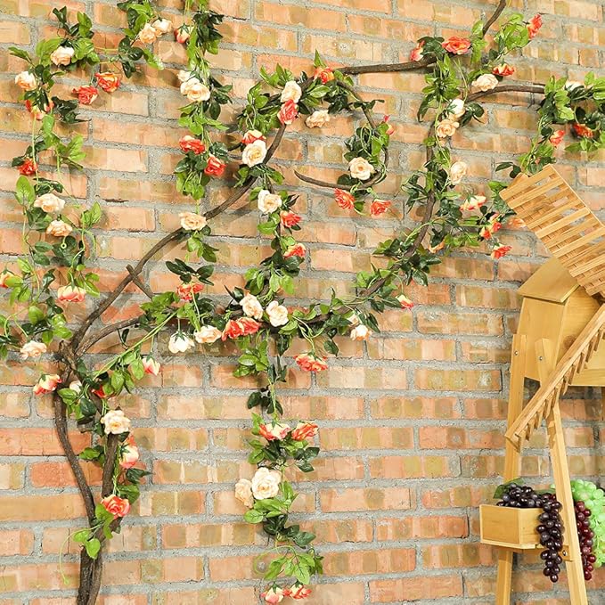 JUSTOYOU 2 Pack (15.8FT) Fake Rose Garland, Artificial Rose Vines Flowers Hanging Silk Rose Vine Wedding Home Backdrop Party Arch Arrangement Decoration
