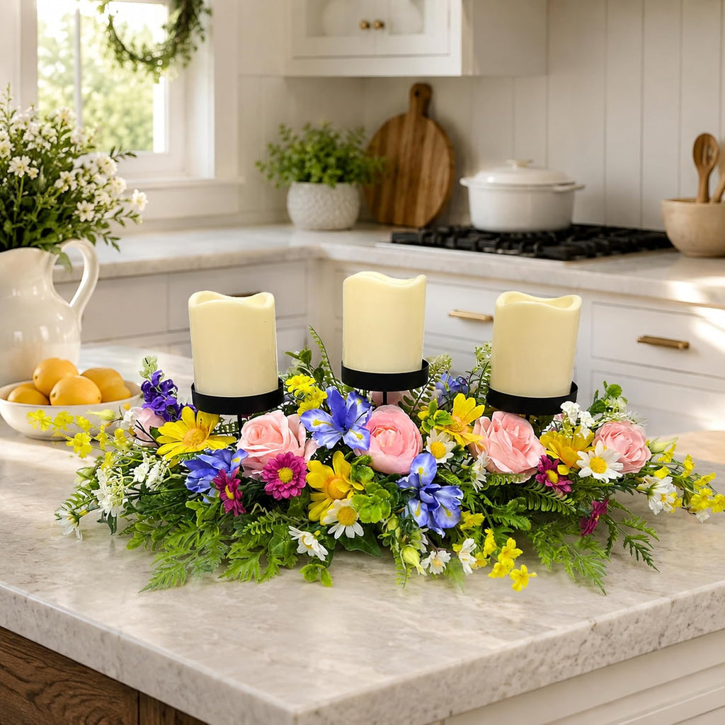 24" Spring Summer Floral Candle Holder Centerpiece for Table Decor | Triple Candle Cups with Pink Roses, Blue Iris-Style Flowers, Daisies and Fern Leaves for Spring Summer Decor