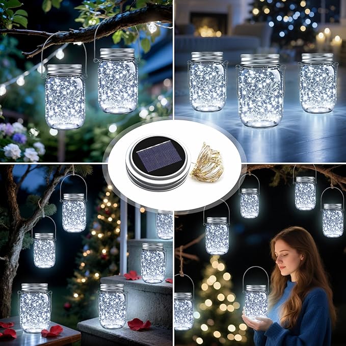 ZNYCYE Solar Mason Jar Lights, 6 Pack 30 LED Waterproof Solar Fairy Firefly Jar Lids String Lights with Hangers(NO Jars) for Outdoor Lawn Patio Garden Yard Wedding Decoration - Cool White