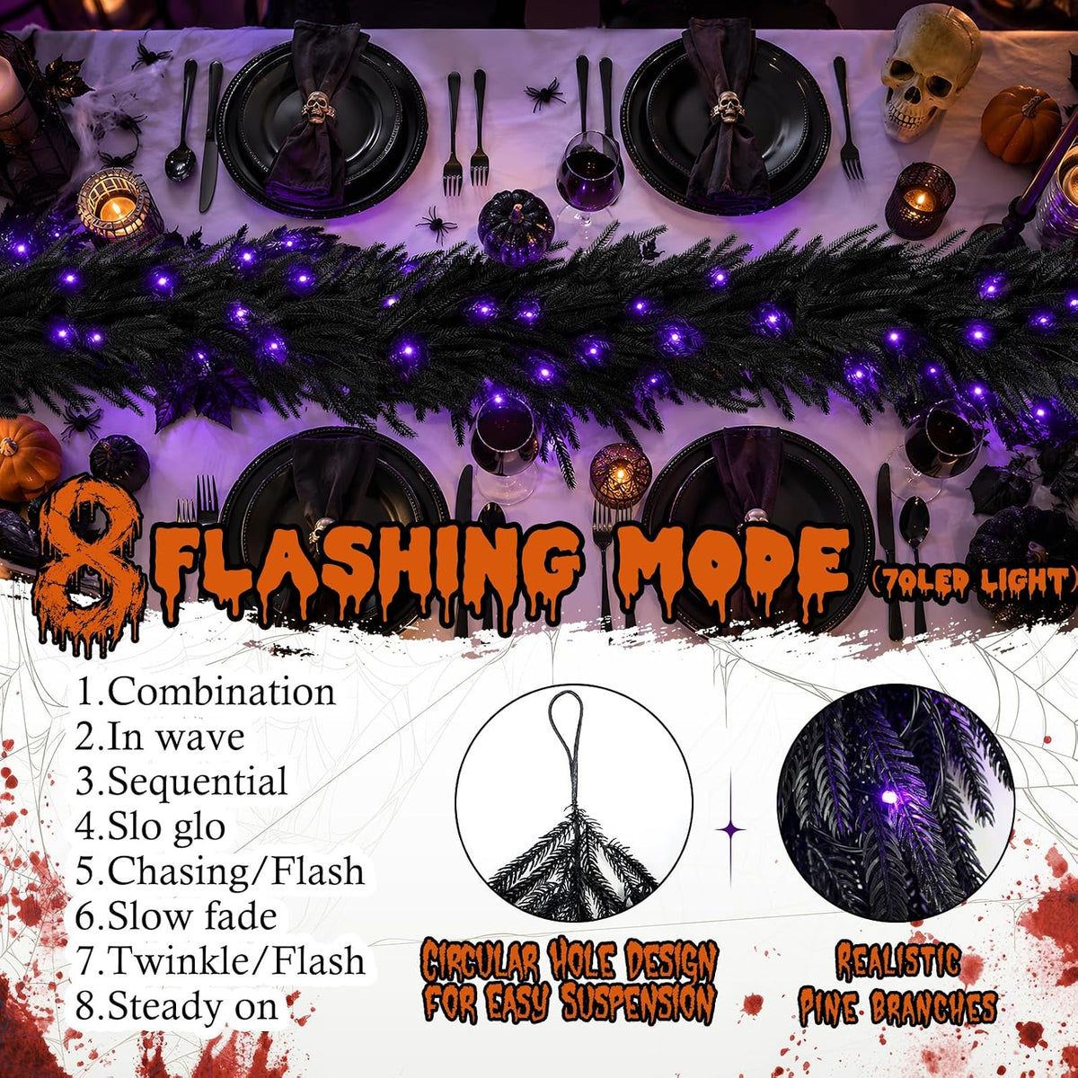n&t nieting 9ft black halloween pre-lit garland with, close-up detail