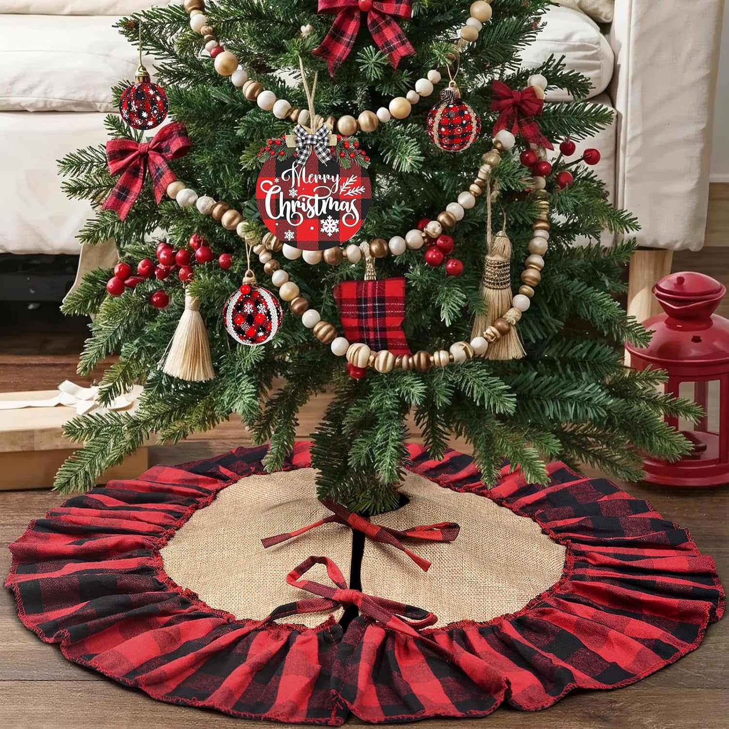 Mini Buffalo Plaid Burlap Tree Skirt with Red and Black Ruffle, 24 inch Small Red Black Gingham Chrismtas Tree Skirt, Rustic Farmhouse Christmas Tree Decorations for Tabletop Tree, Xmas Tree Mat