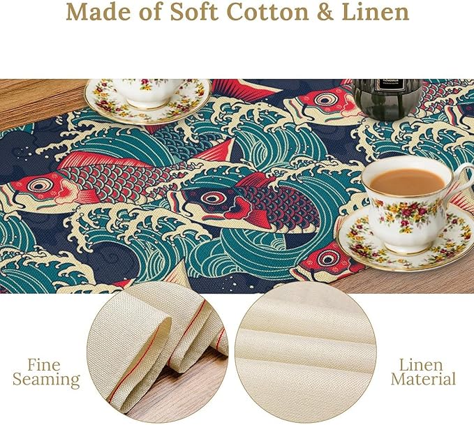 Kio Fish Table Runner Waves Japanese Tradition Art Printed Burlap Runner Home Kitchen Dining Table Living Room Decor Fabric 1 Panel W13xL108in