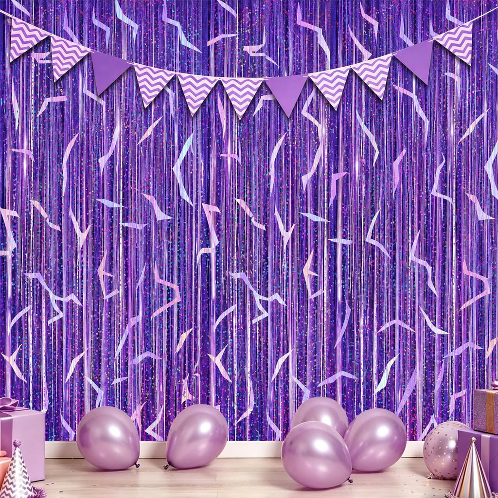 2 Pack K-STYL Purple Foil Fringe Curtains Party Decorations - 3.3 ft x 6.6 ft Energy Pattern Sparkling Holographic Laser Foil Curtain for Girls Disco Bachelorette Party Supplies