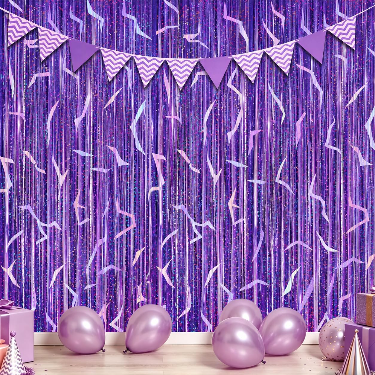 2 Pack K-STYL Purple Foil Fringe Curtains Party Decorations - 3.3 ft x 6.6 ft Energy Pattern Sparkling Holographic Laser Foil Curtain for Girls Disco Bachelorette Party Supplies
