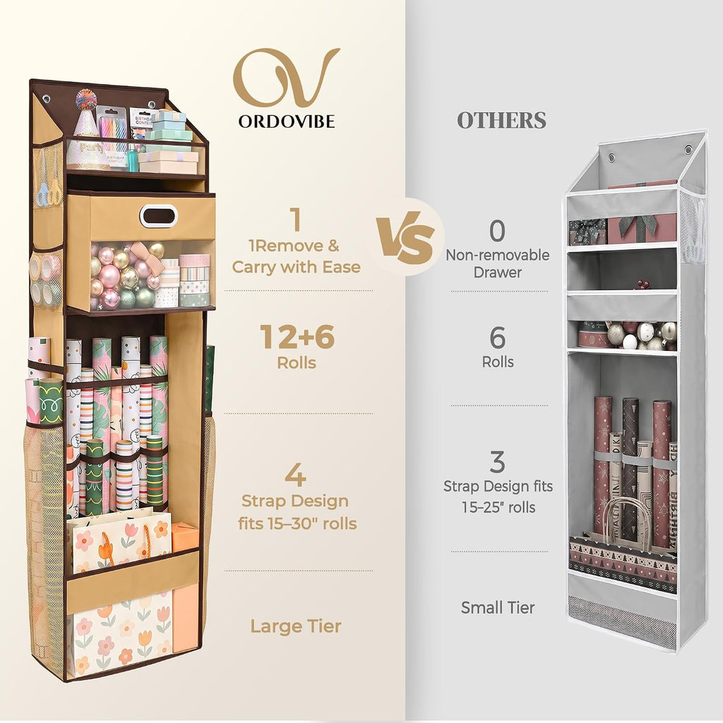 Ordovibe Wrapping Paper Storage Organizer, Over The Door Gift Wrap Holder with Removable Drawer & Side Mesh Pockets – Space Saving Closet Organizer for Christmas, Halloween, Birthday Rolls Supplies Brown