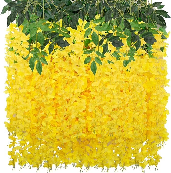 24 Pack Wisteria Hanging Artificial Flowers Fake Flowers Ratta Hanging Garland Silk Flowers String for Home Garden Party Wedding Backdrop Arch Decor (Yellow)