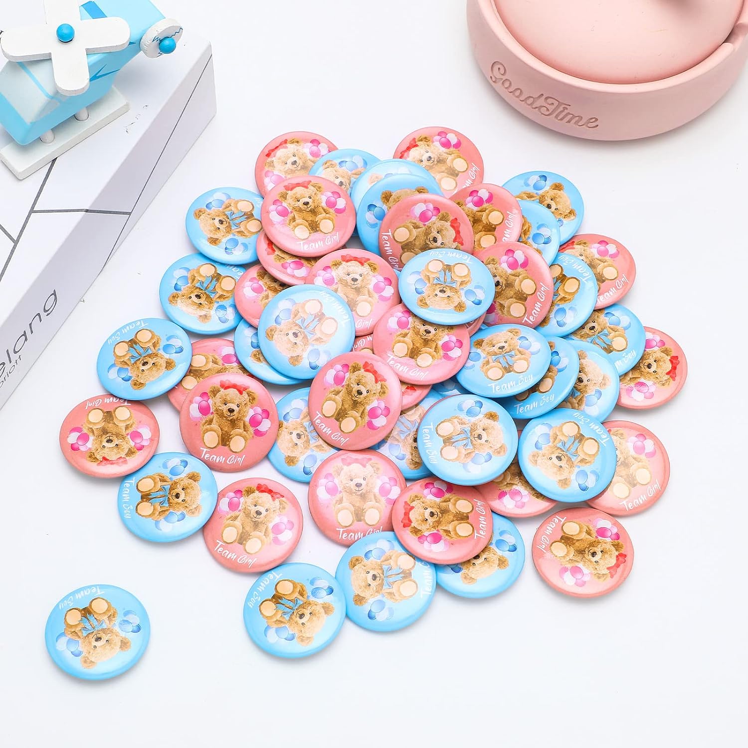 Dingion 100 Pcs Gender Reveal Decoration Pins Team Pink Blue 1.5 Inch Gender Reveal Party Favor Baby Button Pins Baby Shower Badges Bear Party Supplies Gift for Birthday Game Accessories