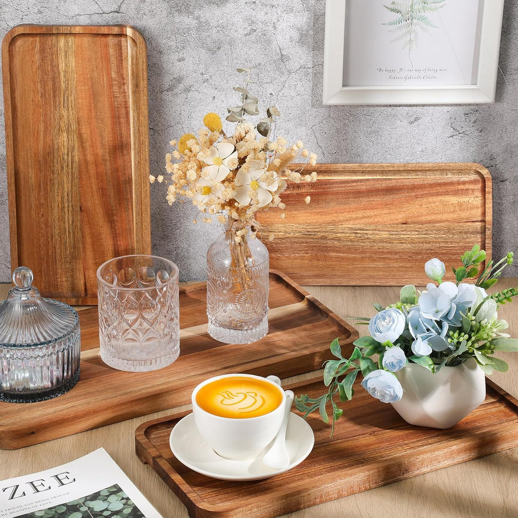 leinuosen 4 set acacia wooden serving platter, 10x5/12x6/14x7/16x8 on a desk or shelf
