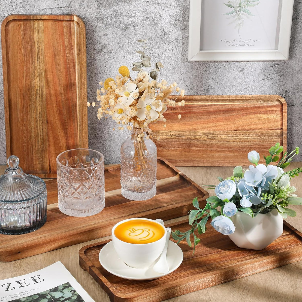 leinuosen 4 set acacia wooden serving platter, 10x5/12x6/14x7/16x8 on a desk or shelf